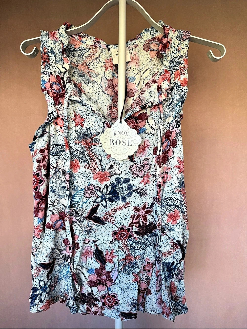 Knox Rose Sleeveless Floral Ruffle Tie-Neck Top Blue & Pink Medium